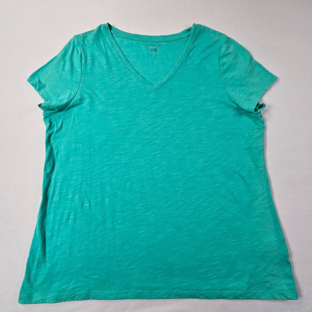 Tommy Hilfiger Blue Short Sleeve Cotton V-Neck T-Shirt Women's 2XL